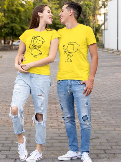 man and a woman wearing cute proposal couple t-shirt, looking at each other making cute faces
