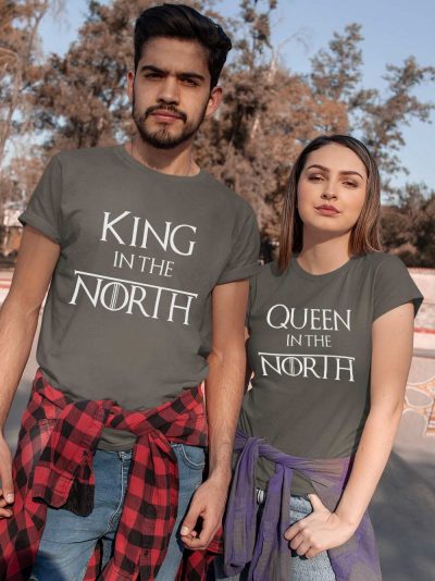 man and woman wearing King Queen in the North Couple T-shirt available for sale