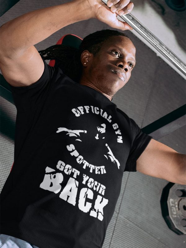 Man wearing Gym Spotter T-shirt and lifting a bar