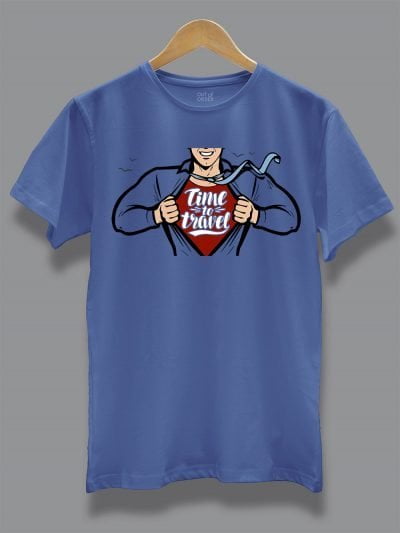 Men's Blue Travel Superhero T-shirt on a Hanger