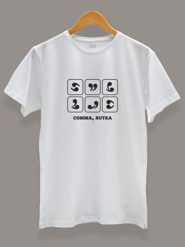 buy comma sutra t-shirt displayed on a hanger