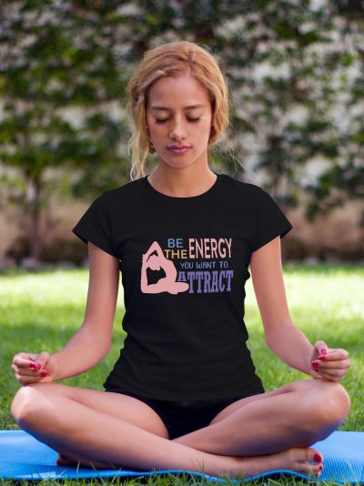 woman meditating wearing positive energy t-shirt