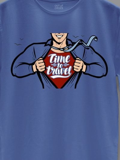 close up of men's blue Travel Superhero T-shirt
