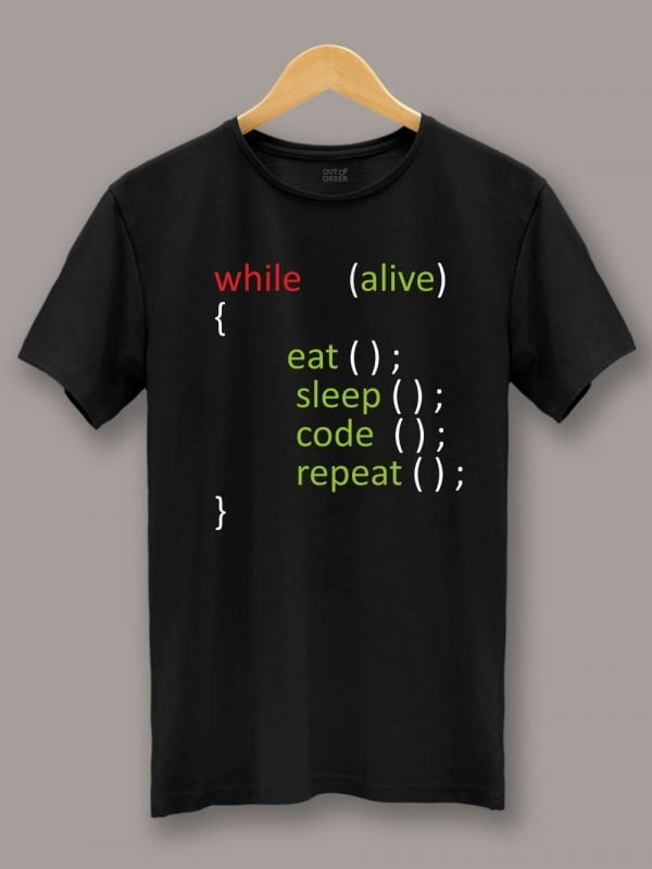 Buy Eat Code Sleep Repeat T-shirt displayed on a hanger