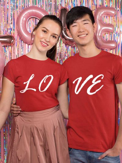 models wearing T shirt couple love