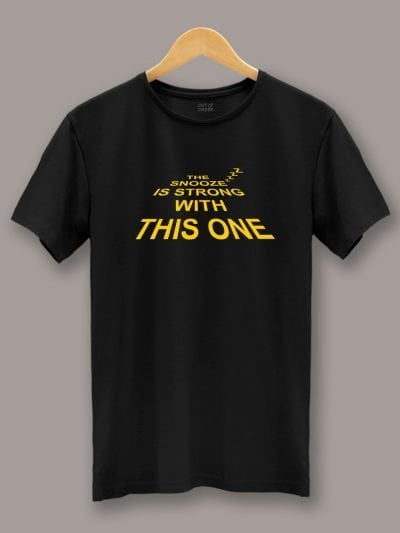 buy funny Snooze T-shirt displayed on a hanger