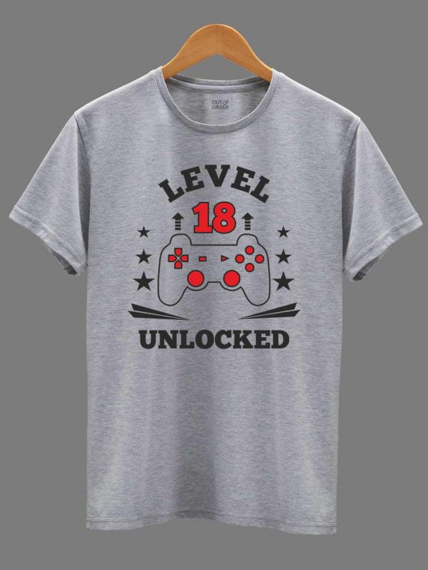 Buy Level Unlocked Men's Birthday T-shirt displayed on a hanger