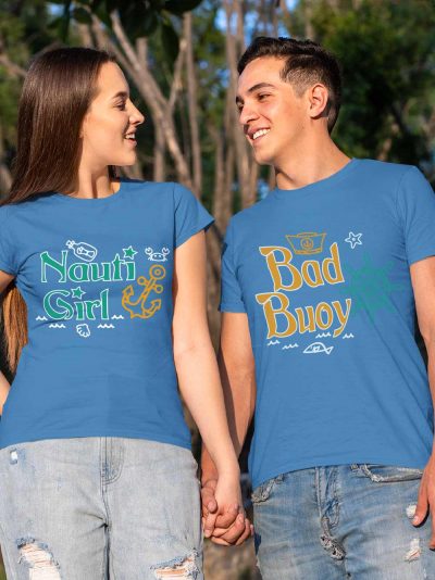 Couple wearing Nauti Girl Bad Buoy Couples T-shirt for sale