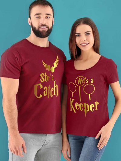 Couple wearing Buy She's a Catch and He's a Keeper Couple T-shirt available for sale