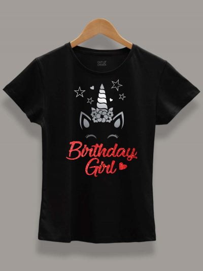 Buy Unicorn Birthday Girl T-shirt displayed on a hanger