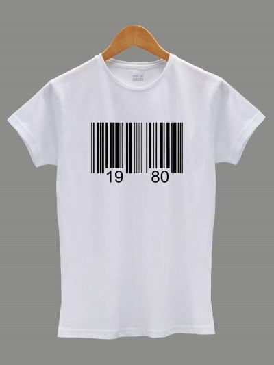Buy barcode birthday t-shirt for women displayed on a hanger