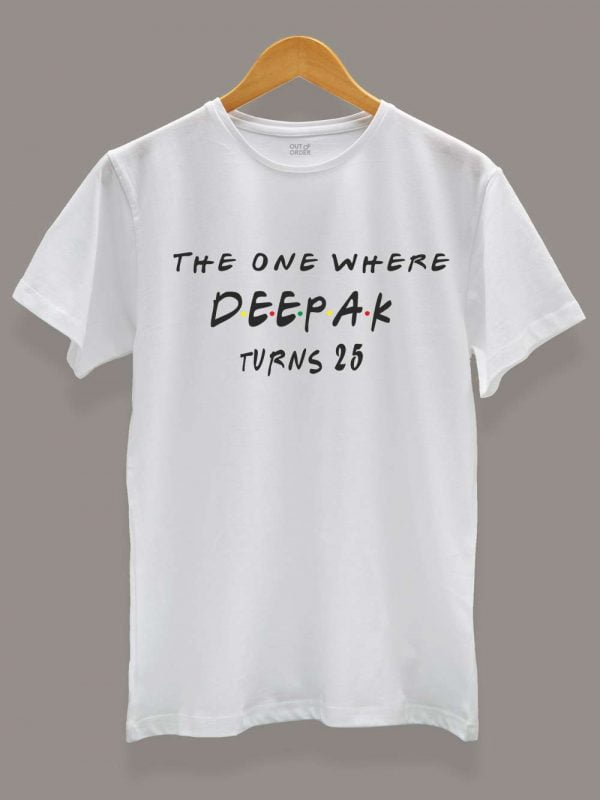 Buy Men's Friend's Birthday T-shirt displayed on a hanger