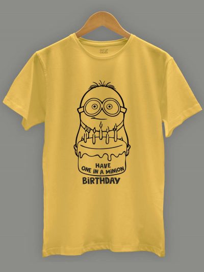 One in a Minion Birthday Men's T-shirt displayed on a hanger
