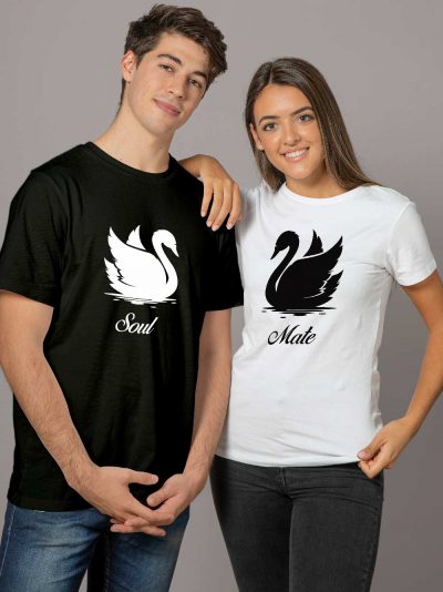 Couple wearing Soul Mate Swan Couple T-shirt for sale