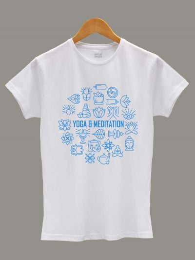 Yoga and Meditation T-shirt for Women displayed on a hanger