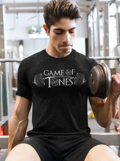 Man working out wearing Game of Tones Gym T-shirt